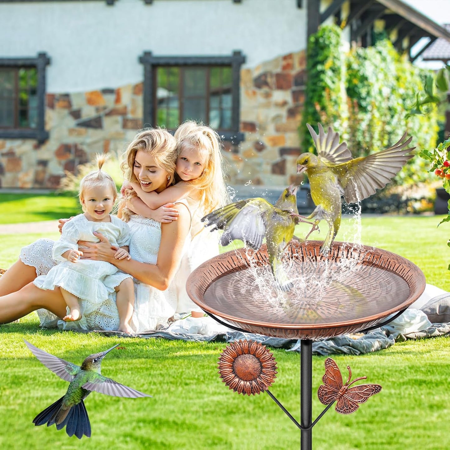 Metal Bird Bath for Outside, Vintage Birdbaths Removable Feeder Bowl with Butterfly Flower, Easy to Clean Birdfeeder for Outdoors Garden Yard Lawn Decor