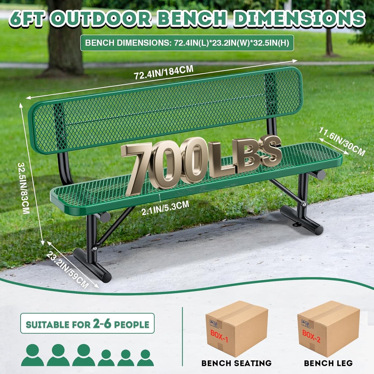 Outdoor Garden Bench, Cast Iron Metal Frame Patio Park Bench with Backrest, Portable Expanded Metal Black Bench, Commercial-Grade Outdoor Seating for Lawn, Patio, Park, Yard, Garden (Green, 6FT/72')