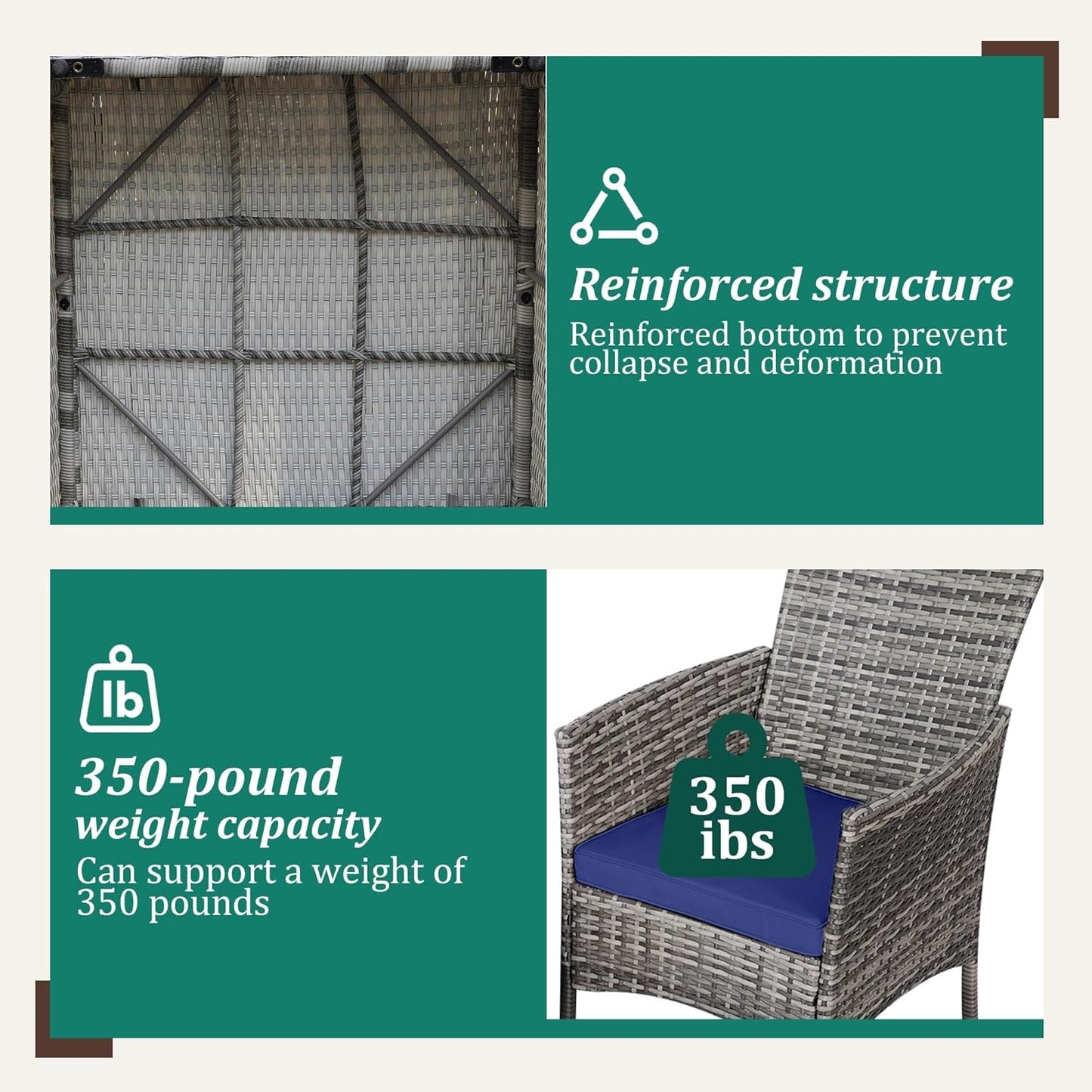 3 Piece Patio Furniture Set - Outdoor Conversation Sets with Coffee Table, Rattan Chair Set for Garden/Poolside, Grey/Navy Blue