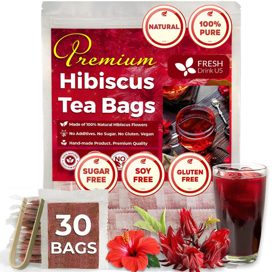 FreshDrinkUS Premium 30 Hibiscus Tea Bags, 100% Natural & Pure, Loose Flower Herbal Tea, No Sugar, Caffeine, Gluten, Vegan