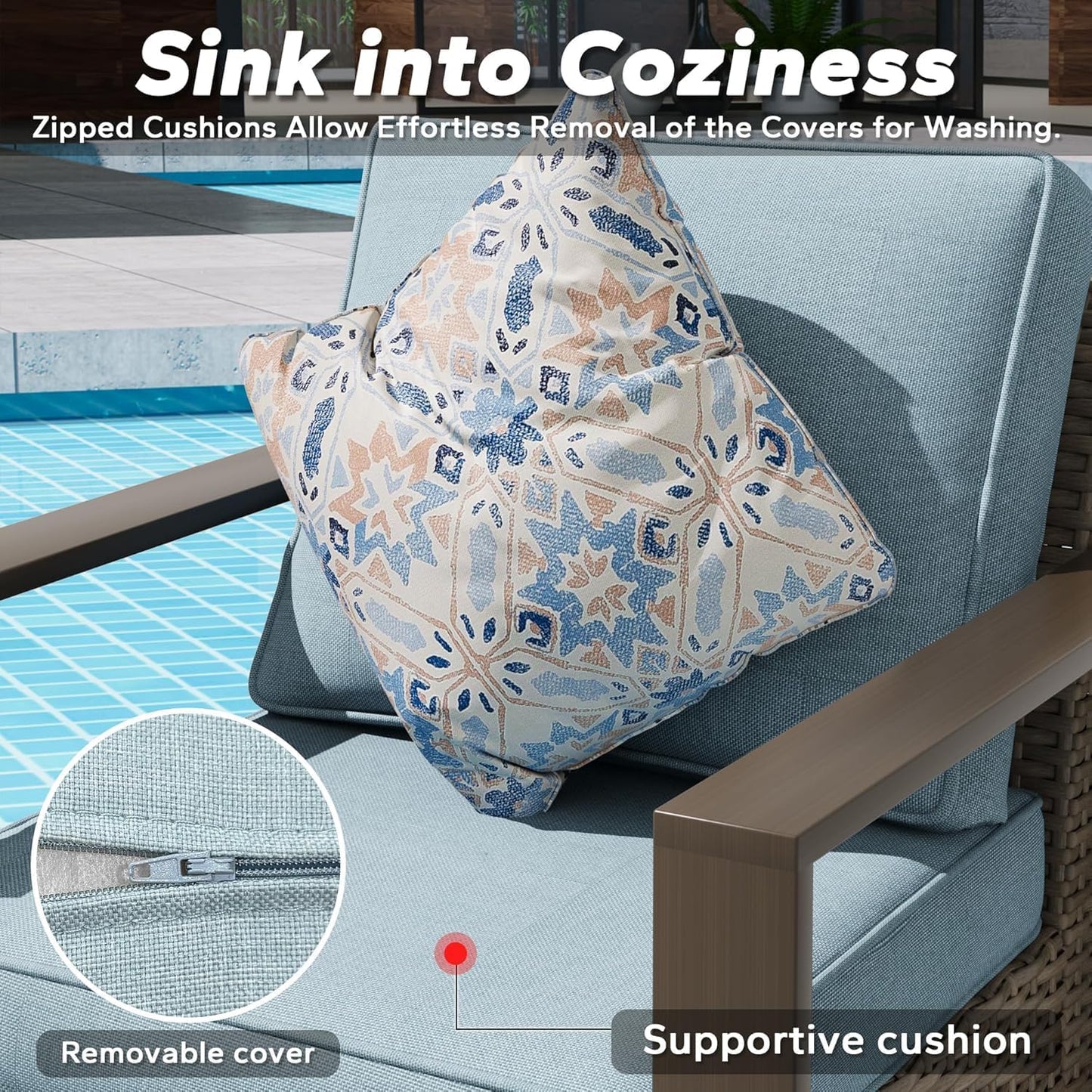 Outdoor Wicker Metal Chairs Set of 2 with Two Ottomans, 360 Degree Glider Rockers Armchairs, 4 Pieces Patio Bistro Set with Wood-Looking Metal Armrest for Poolside, Terrace, Baby Blue