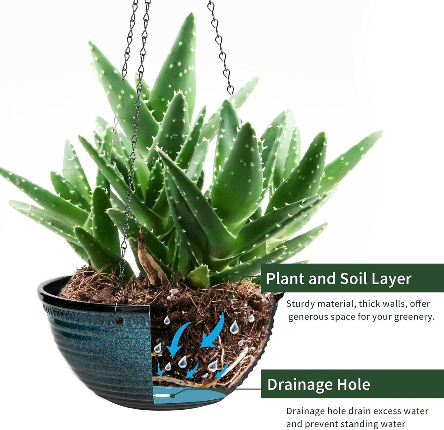 12 inch Hanging Planters for Indoor Outdoor Plants, 2 Pack Large Hanging Flower Pots with Drainage Holes and Chain, Glazed Hanging Baskets for Home Garden Decoration, Blue