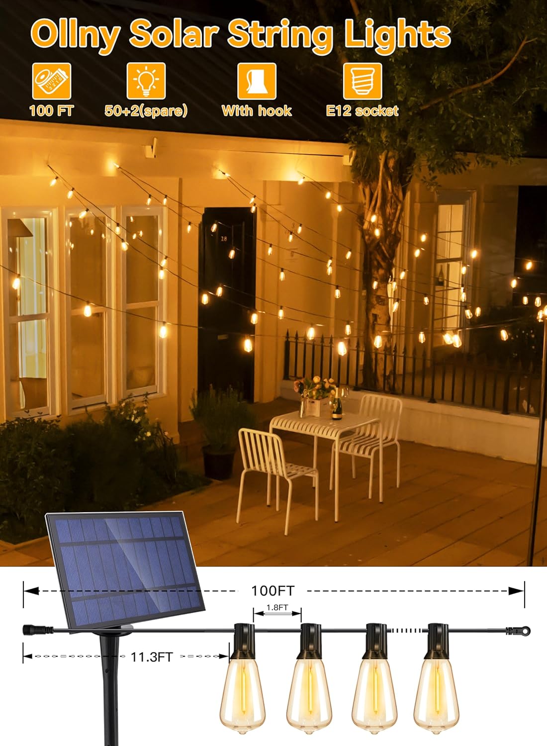 Ollny 50+2 LEDs ST38 Solar String Lights, 100 FT USB & Solar Dual Charging Outdoor String Lights, 3 Modes 5 Timers 10 Brightness 2200K Waterproof Patio Lights for Porch Garden Market Bistro Camping