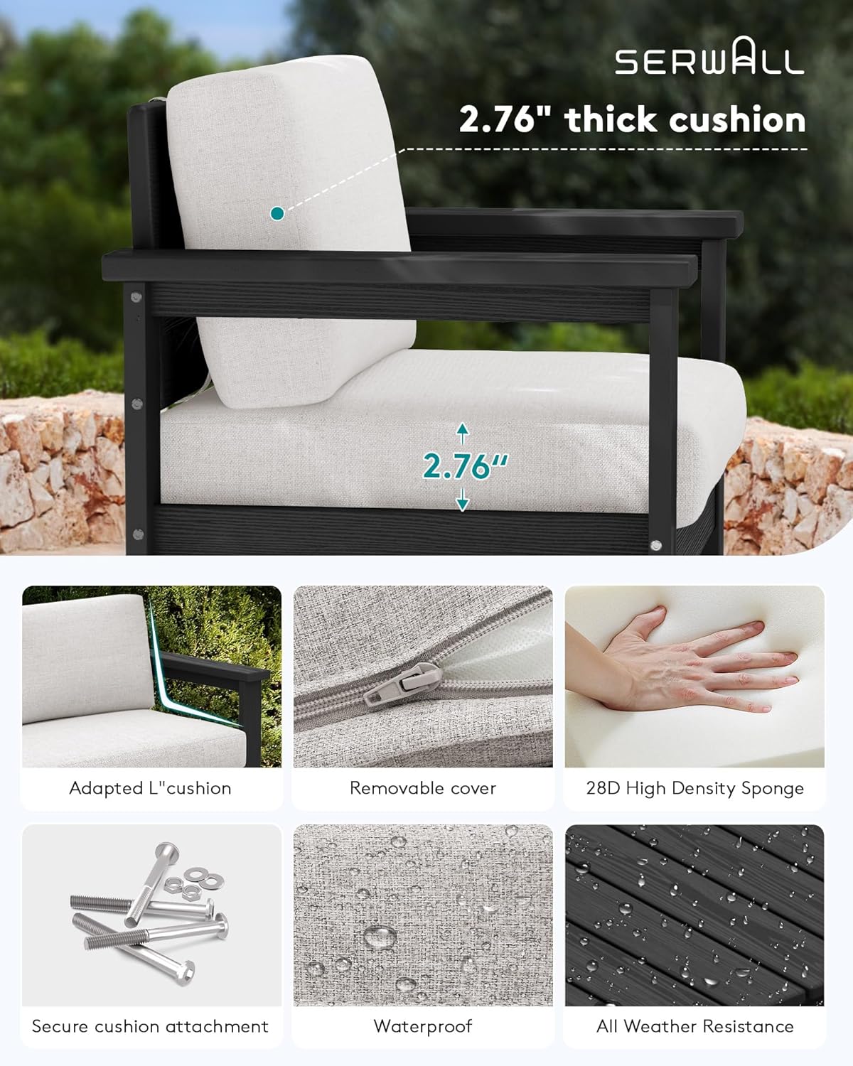 SERWALL 3 Pieces HDPE Outdoor Sofa Set with Cushions, All Weather Use Patio Couch Loveseat Furniture with Coffee Table for Balcony, Deck, Poolside, Black Frame with Khaki Cushions