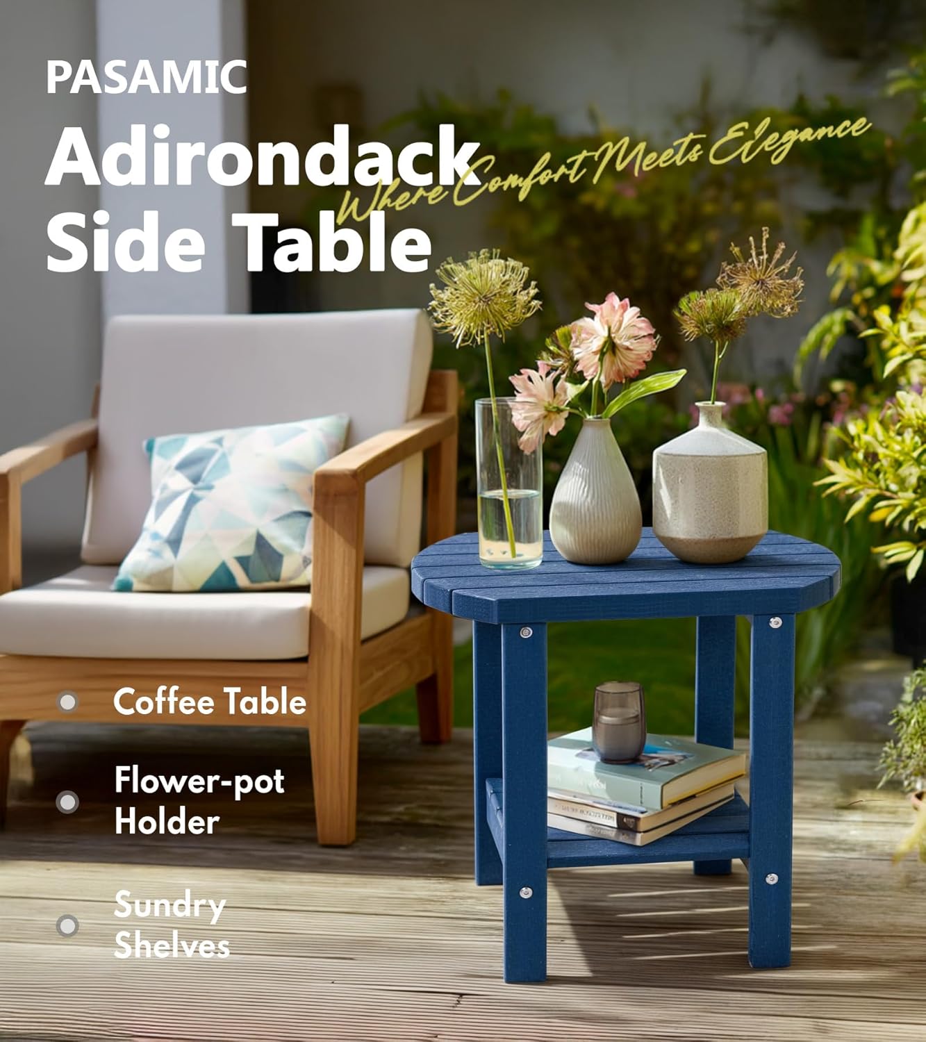 PASAMIC Outdoor Side Table, HDPE Adirondack Oval Side Table with 2-Tier Storage, Weather Resistant Outdoor End Table for Patio, Backyard, Indoor Companion, Beach, Easy Maintenance Table (Navy Blue)