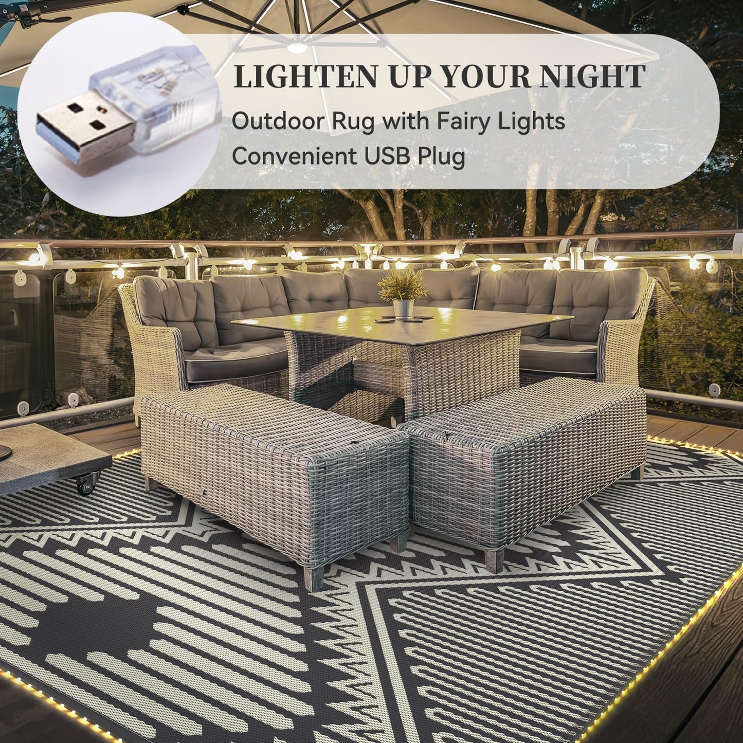 MontVoo Outdoor Rug with Led String Strip Lights 6x9 ft Waterproof Outdoor Patio Rug Mat Reversible Plastic Straw Rug Outside Outdoor Rug for RV Camping Picnic Balcony Fairy Boho Outdoor Decor