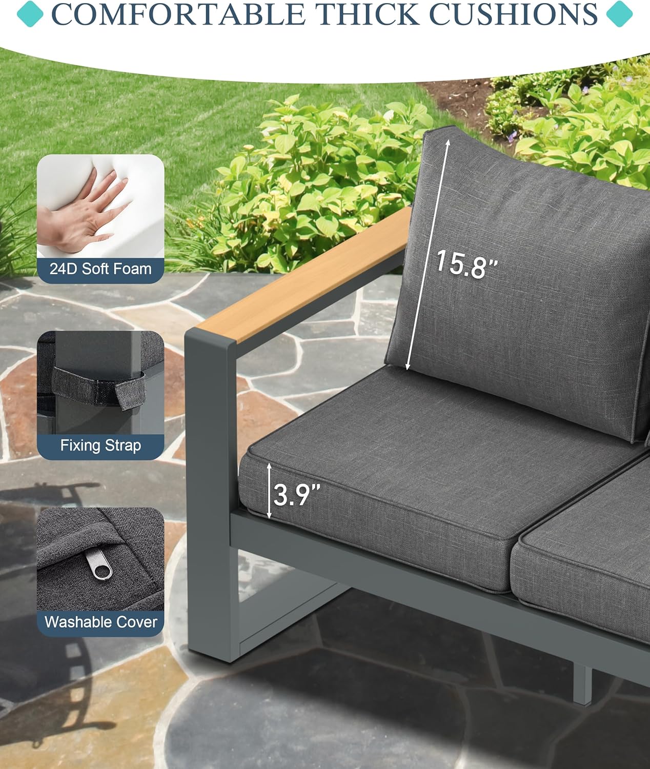 BPS Outdoor Aluminum Patio Furniture 3 Seats Sofa, 1 PCS All-Weather Metal Outdoor Sofa Chairs with Washable Thick Cushion for Garden, Patio, Balcony and Proch