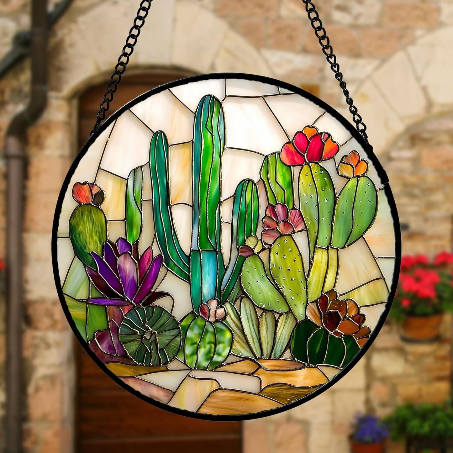 Stained Glass Window Hanging, White Green Cactus Suncatcher Diamond Glass Panel Hangings Sun Catchers Decor for Birthday for Women, Men, Wife, Aunt, and Mom 6.3 in
