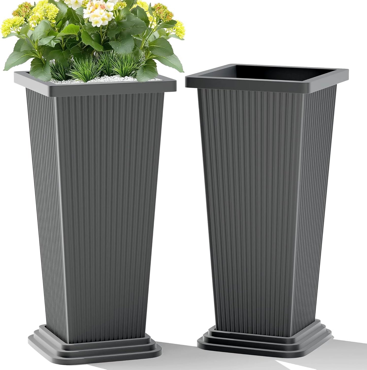 Set of 2 Tall Planters, 24" Large Indoor Outdoor Flower Pots with Tray, Modern Tapered Planters for Porch, Patio, Garden, Backyard