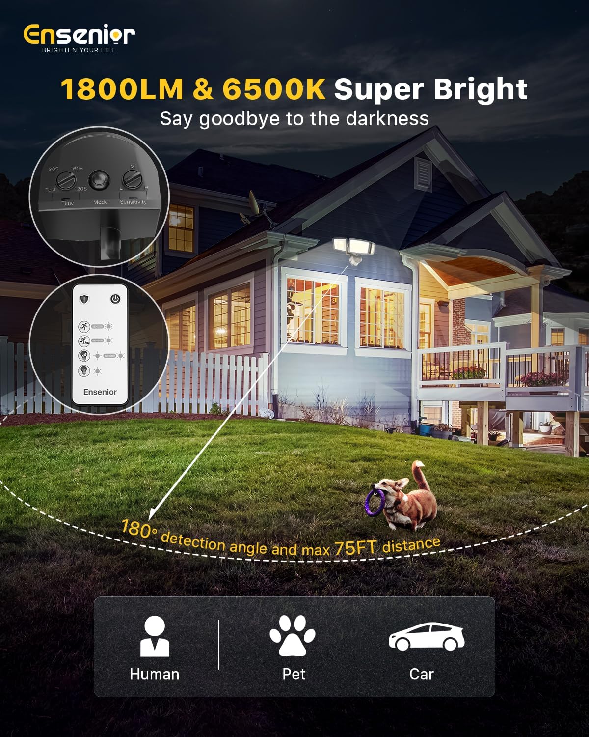 Ensenior 5 Motion Sensor Modes Solar Security Light, 1800LM 270° Wide Angle 3 Heads LED Flood Lights, IP65 Waterproof Wall Lights, Separate Solar Panel Remote Control Solar Lights Outdoor
