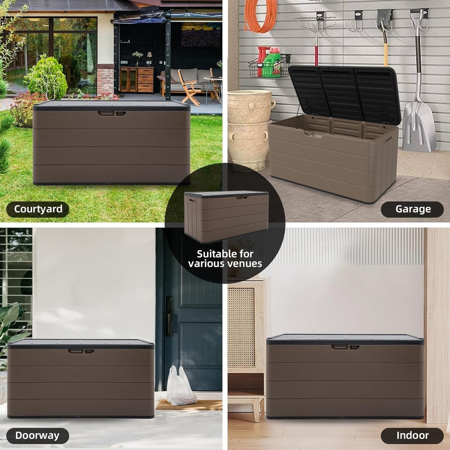 Premium Pro Edition 100 Gallon Lockable Resin Deck Box, Waterproof & UV-Resistant Outdoor Storage Box for Outdoor Cushion Storage, Garden Tools & Pool Accessories Storage, Brown