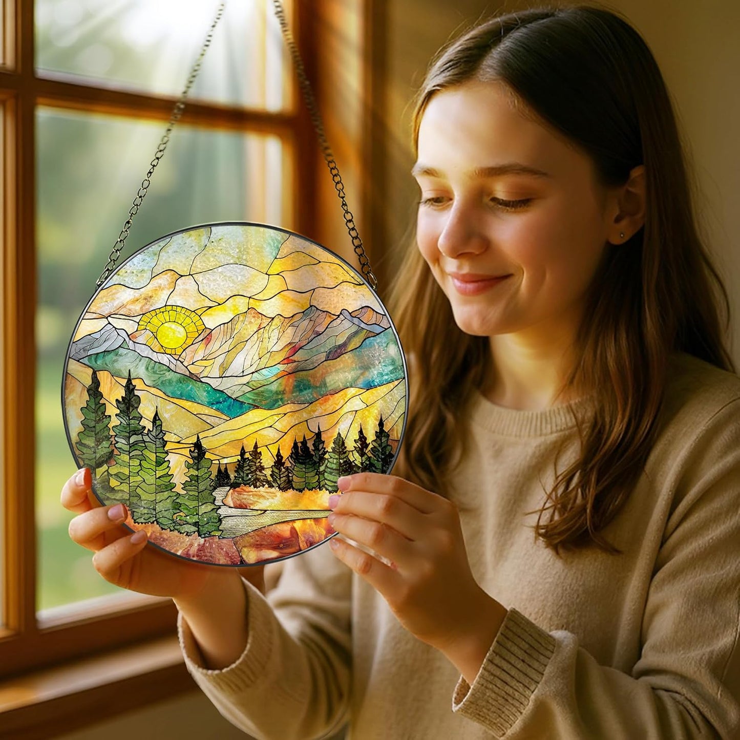 Stained Glass Window Hanging - 8 Inch Mountain Range Suncatcher for Window Doors Home Decoration, Valentine's Day Mother's Day Christmas Birthday Gifts for Women, Men, and Mom Grandma
