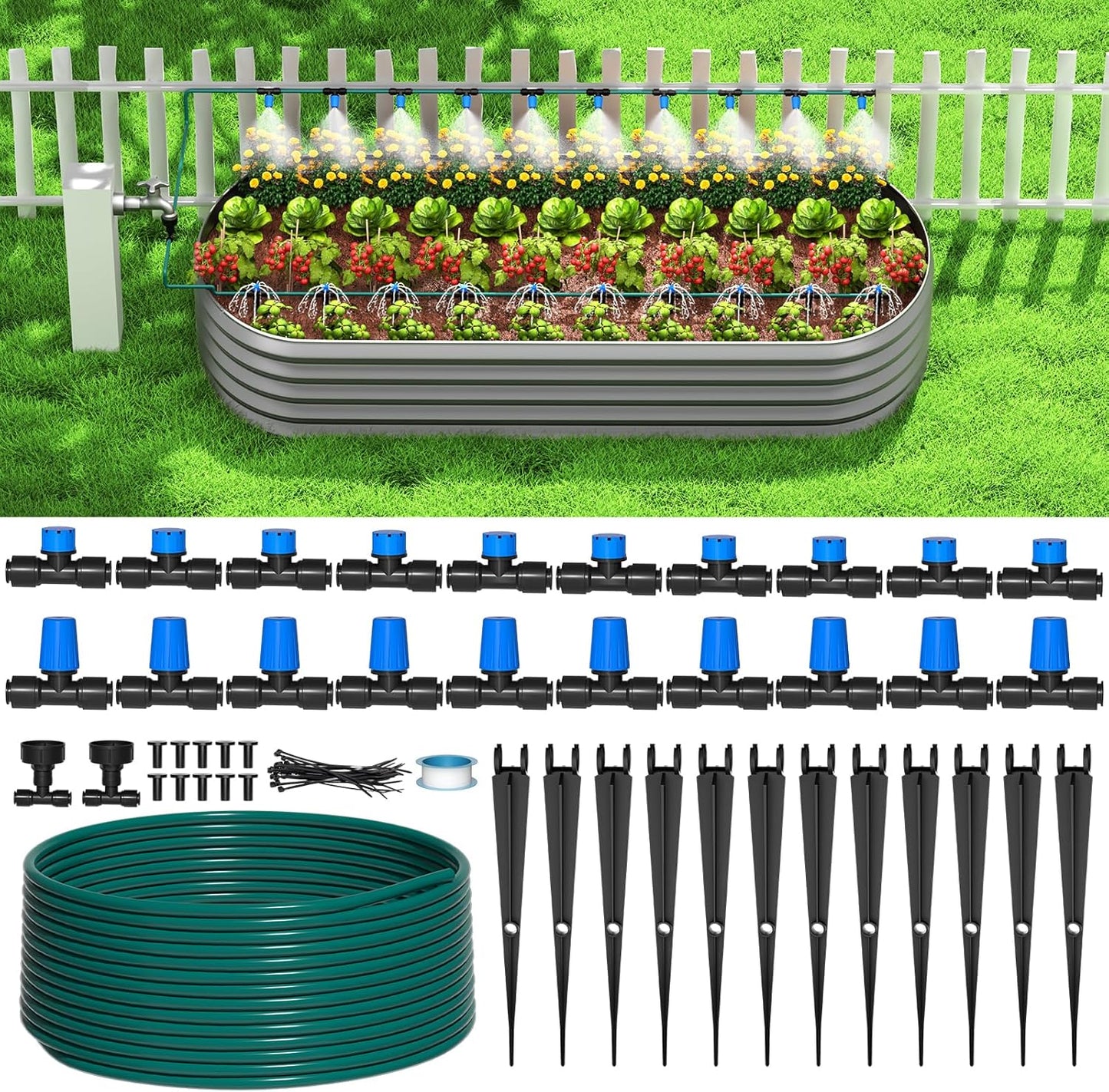Bonviee 65FT Drip Irrigation System with Quick Connector- New Automatic Drip Irrigation Kits Garden Watering System for Raised Bed Garden Greenhouse with 1/4'' Tubing, Drip Emitters, Connectors