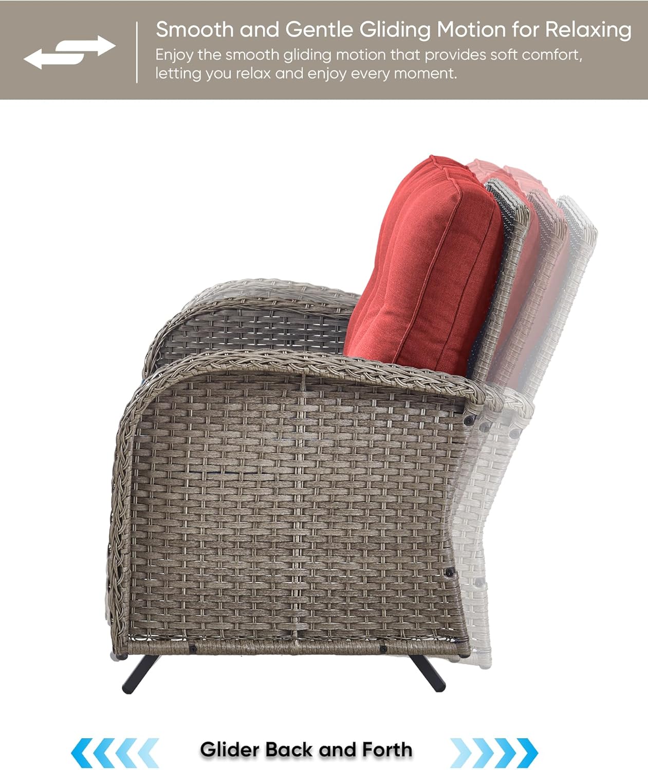 HUMMUH 6 Pieces Patio Furniture Set-Patio Glider Loveseat with Rattan Outdoor Swivel Chairs Outdoor Conversation Furniture Sets for Deck Lawn Porch Balcony Poolside-Grey/Red