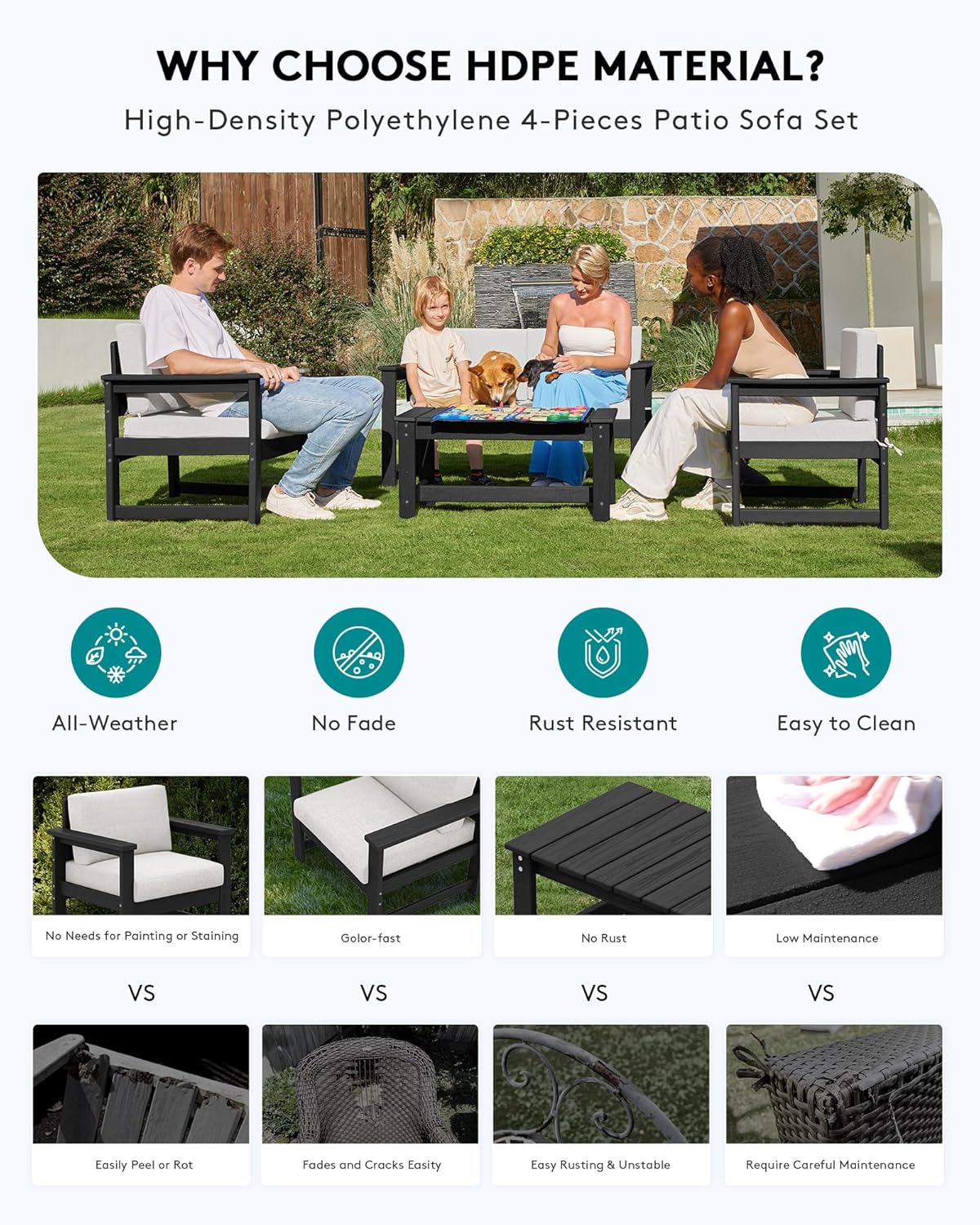 SERWALL Black HDPE Outdoor Loveseat with Khaki Cushions, All Weather Use Outdoor Loveseat Sofa, Black Frame with Khaki Cushions
