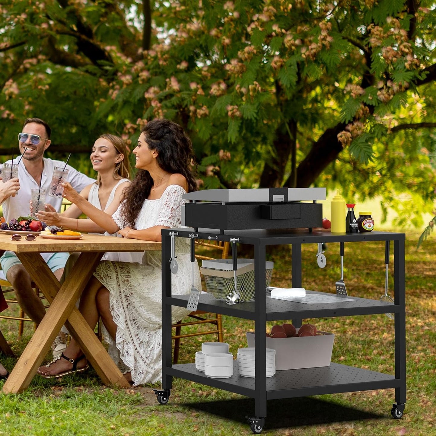 Pizza Oven Table Cart for Ooni/Ninja Woodfire/Blackstone/Cuisinart Pizza Oven Stand for Outside, Modular Table Movable Prep Cart with Pizza Topping Station for Ooni Koda Karu Fyra 16/12