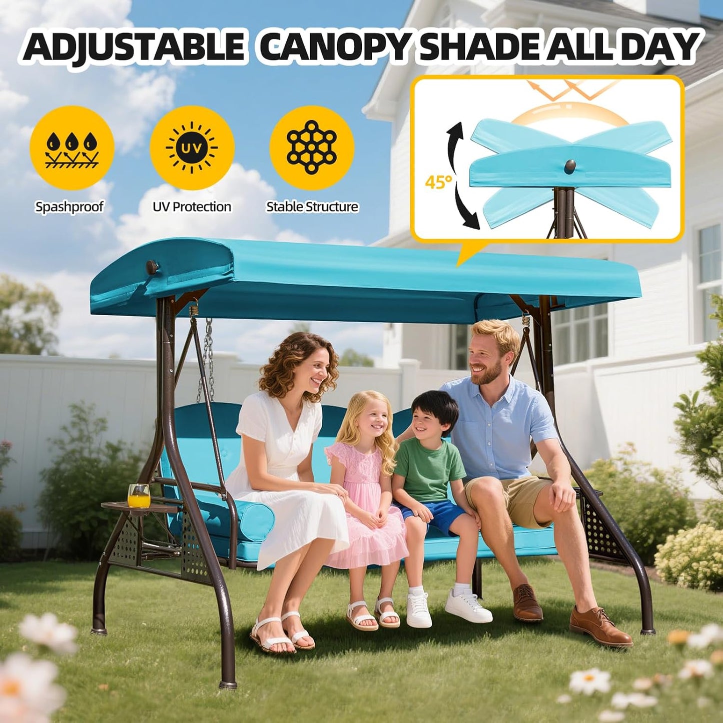 3-seat Patio Swing with Canopy,Convertible Outdoor Swing Bed with Thick Cushions, Pillows & Cup Holders, 3-Seat Outdoor Swings Chair for Backyard, Garden, Deck(Lake Blue)
