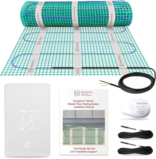 105 Sqft Heated Floor Mat Kit with Radiant Floor Heating System Thermostat UTN5, Two Sensors, Tester, 120V Electric Radiant Floor Heating Mat installs under Bathroom Tile, Vinyl - WarmlyYours TempZone