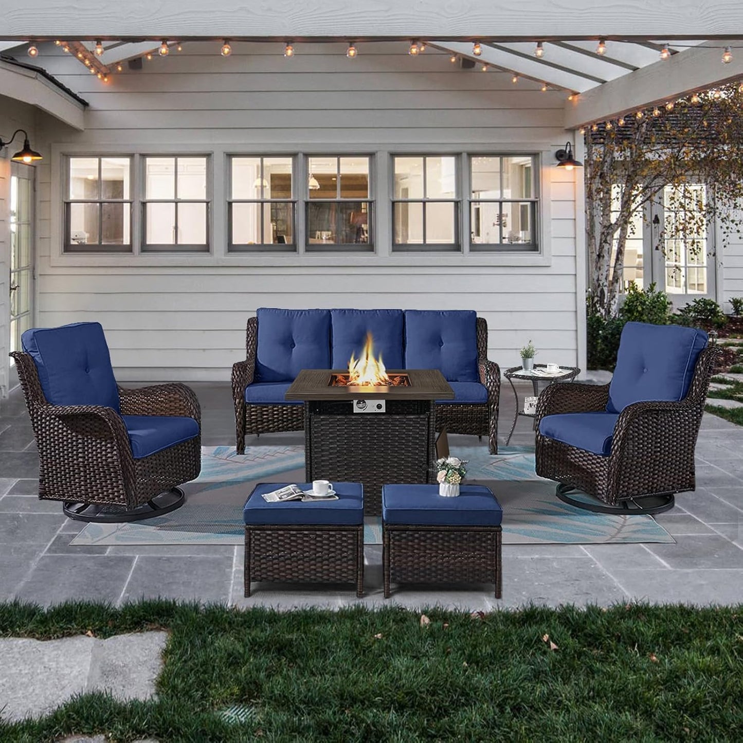 Outdoor Patio Furniture Set with 50000BTU Propane Fire Pit Table, 7 Pieces Wicker Patio Conversation Set with 2 Swivel Glider Rocker Chairs Rattan Sofa Blue Cushion Perfect for Casual Gathering