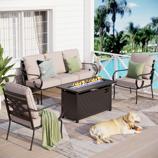 Sophia & William 4 Piece Patio Furniture Set with Fire Pit, Outdoor Conversation Sets 5 Seats Clearance with 45" Gas Fire Pit Table x 1, 3-seat Sofa x 1, Cushioned Chair x 2 for Porch Lawn, Beige