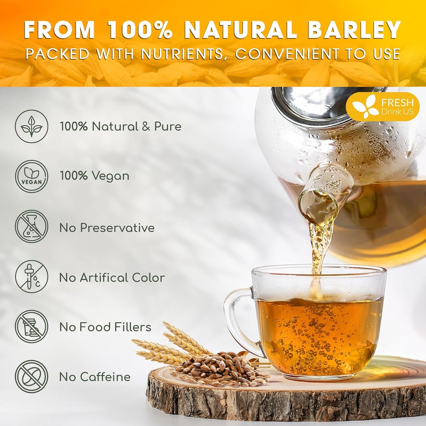 FreshDrinkUS Premium 50 Barley Tea Bags, 100% Natural & Pure. Loose Barley Herbal Tea. Made with Natural Material Tea Bags. No Sugar, No Caffeine, No Gluten, Vegan