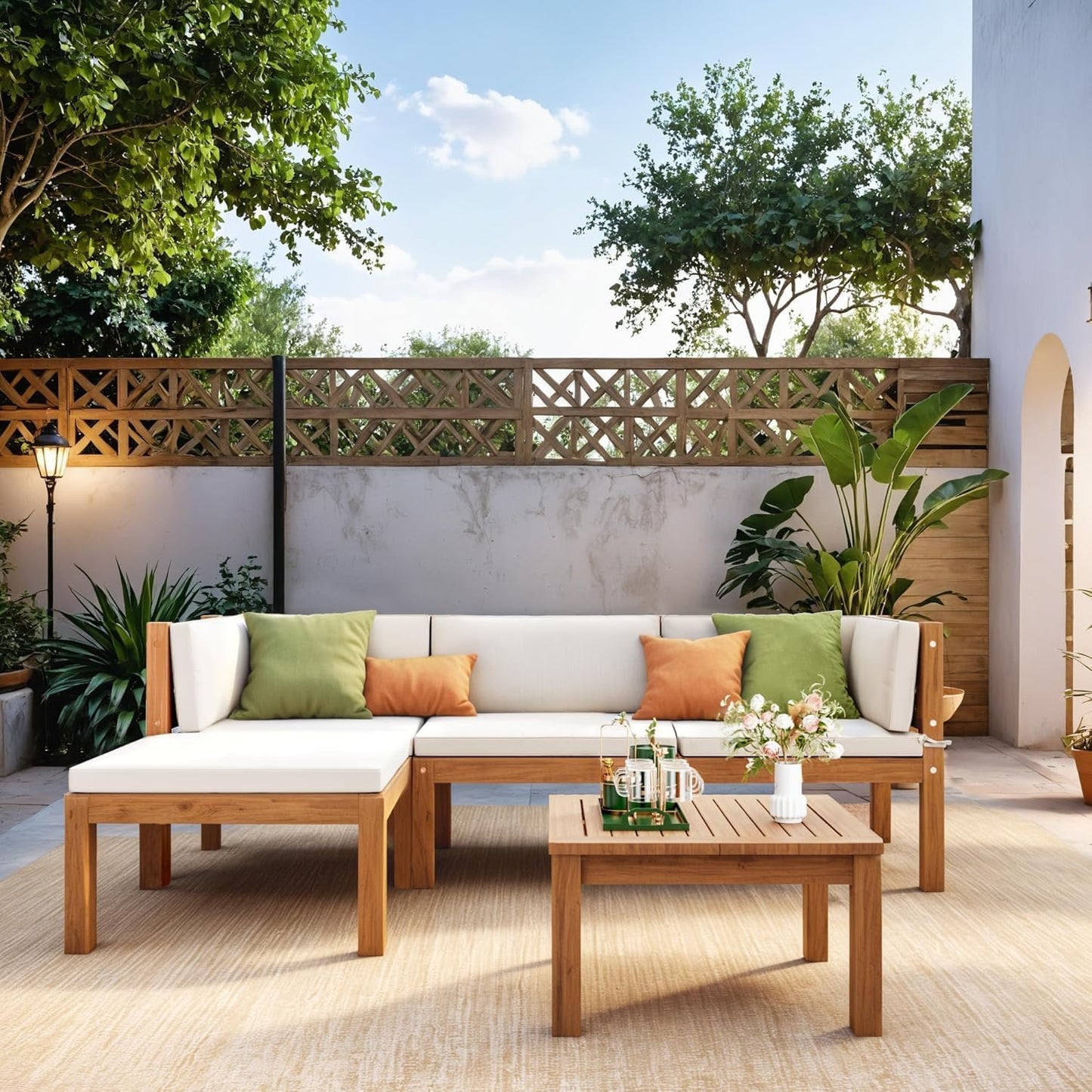 Devoko 5 Pieces Acacia Wood Outdoor Sectional Sofa Set with Coffee Table, Outdoor L-Shaped Couch with All-Weather Cushion for Patio