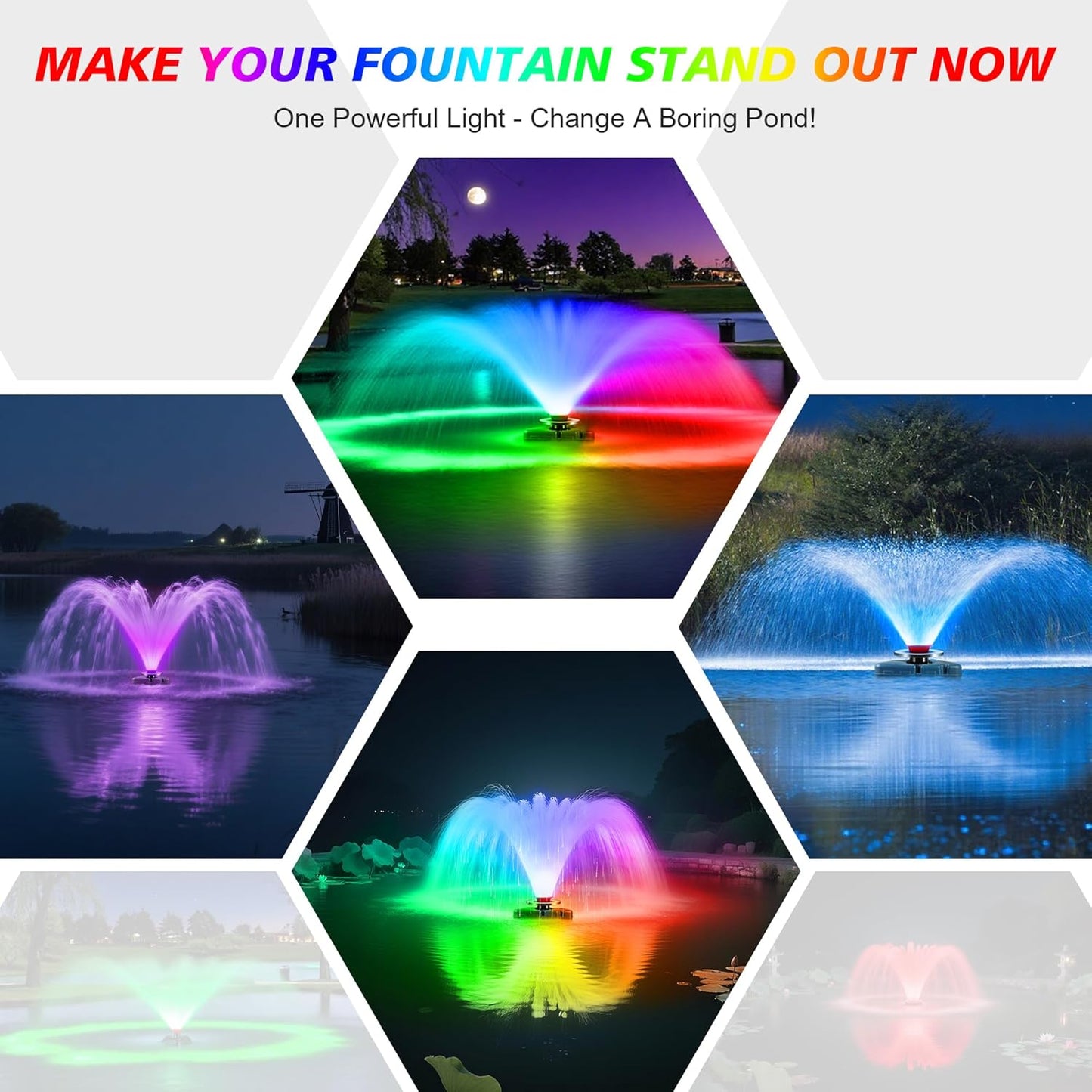 Goldlife Pond Fountain Aerator Lights, 200W RGBW 20000LM 160LED Fountain Light With 100FT Power Cord, IP68 Waterproof Stainless Steel Wireless Sync Control Floating Fountains Pump Light for Lake Ponds