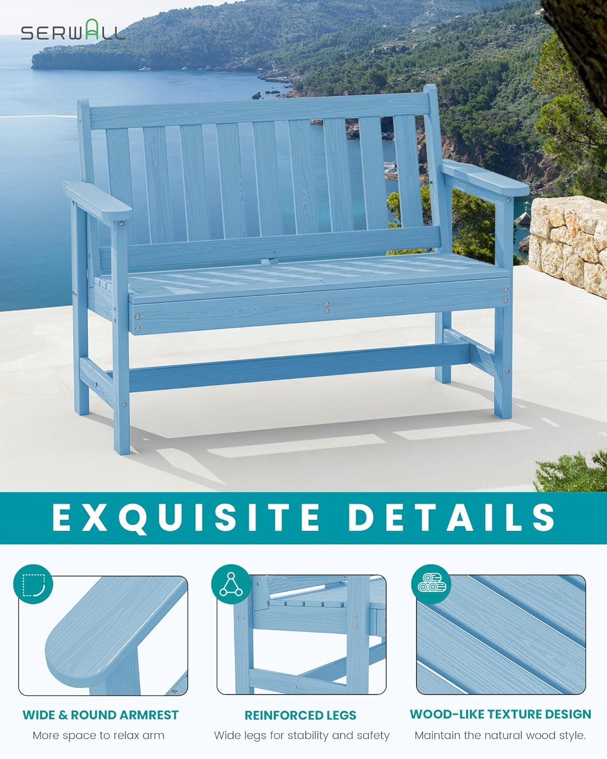 SERWALL Outdoor Bench, HDPE Outdoor Benches Weatherproof, 2-Person Garden Bench with 660 lbs Weight Capacity, Patio Benches for Outdoors, Garden, Porch, Backyard and Park, Light Blue, 4 Pack