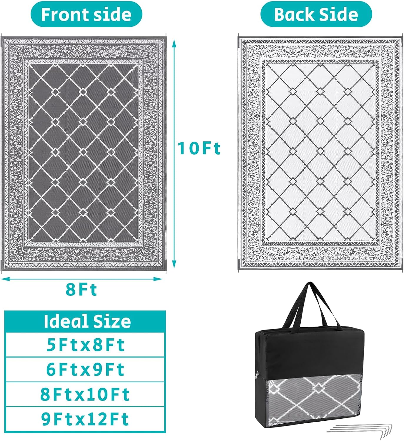 HEBE Outdoor Rug Waterproof 8x10, Reversible Plastic Straw Rug RV Camping Rug, Indoor Outdoor Patio Mat Clearance, Outside Carpet for Porch,Deck,Camper,Balcony,Backyard,Picnic