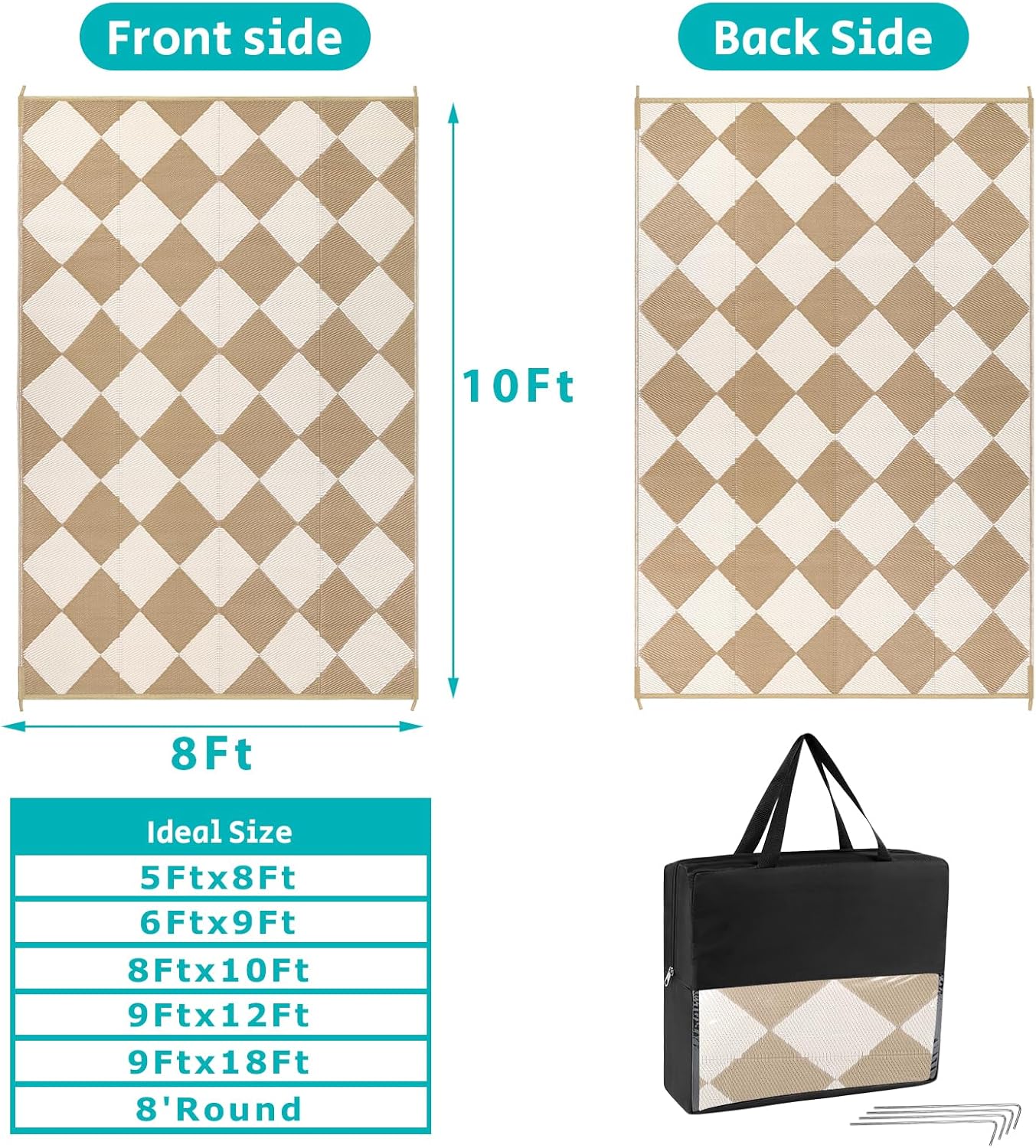 HEBE Outdoor Rug Waterproof 8x10, Plastic Straw Rug Camping Rug, Reversible Outdoor Patio Rugs RV Mat Clearance, Indoor Outside Floor Carpet for Porch,Deck,Camper,Balcony,Backyard