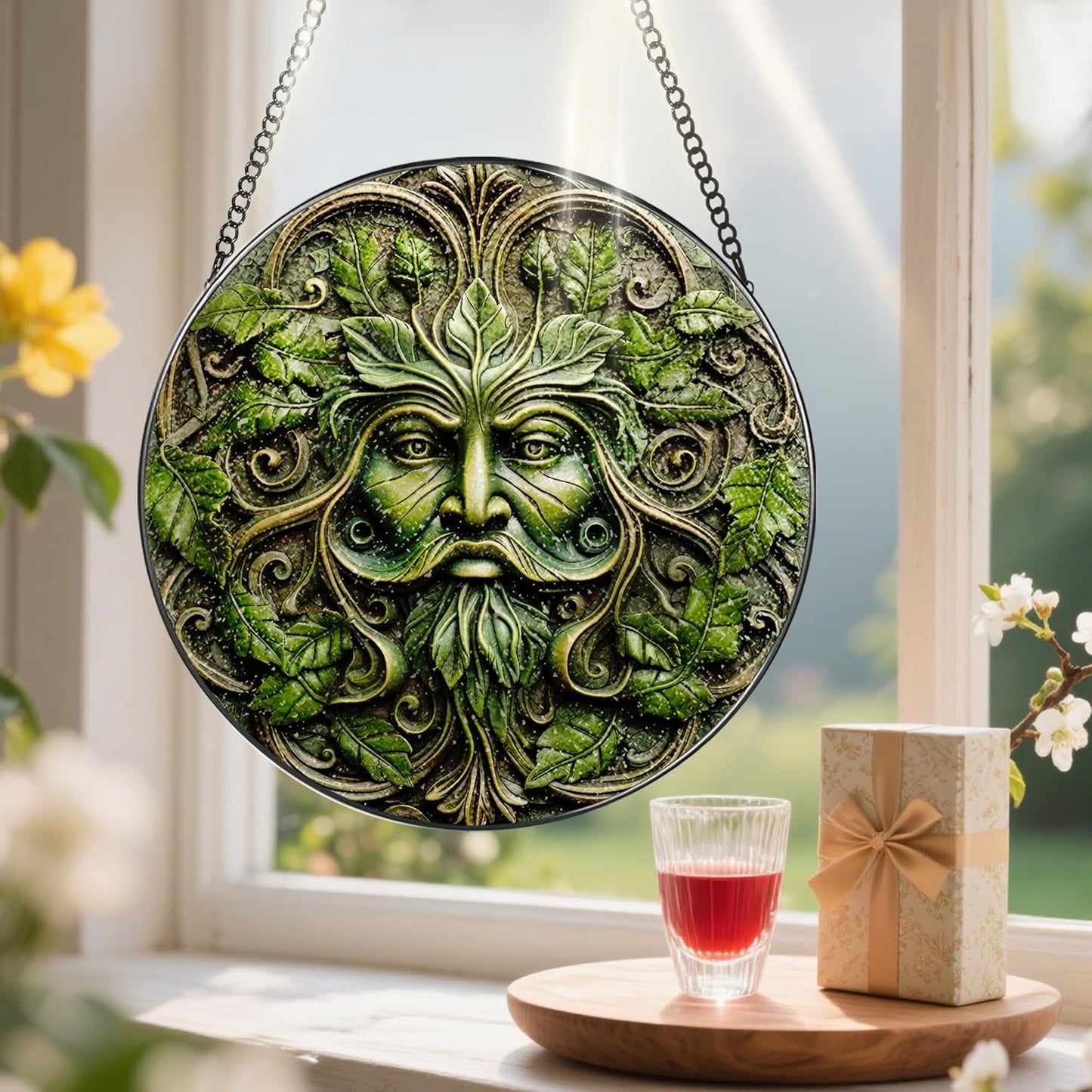 Green Man Stained Glass Suncatcher, Stained Glass Window Hanging, 8 Inch Window Decor Hanging, Gift for Garden Lovers, Fathers Day Birthday Gifts for Dad Grandpa Man Bother Husband Lover
