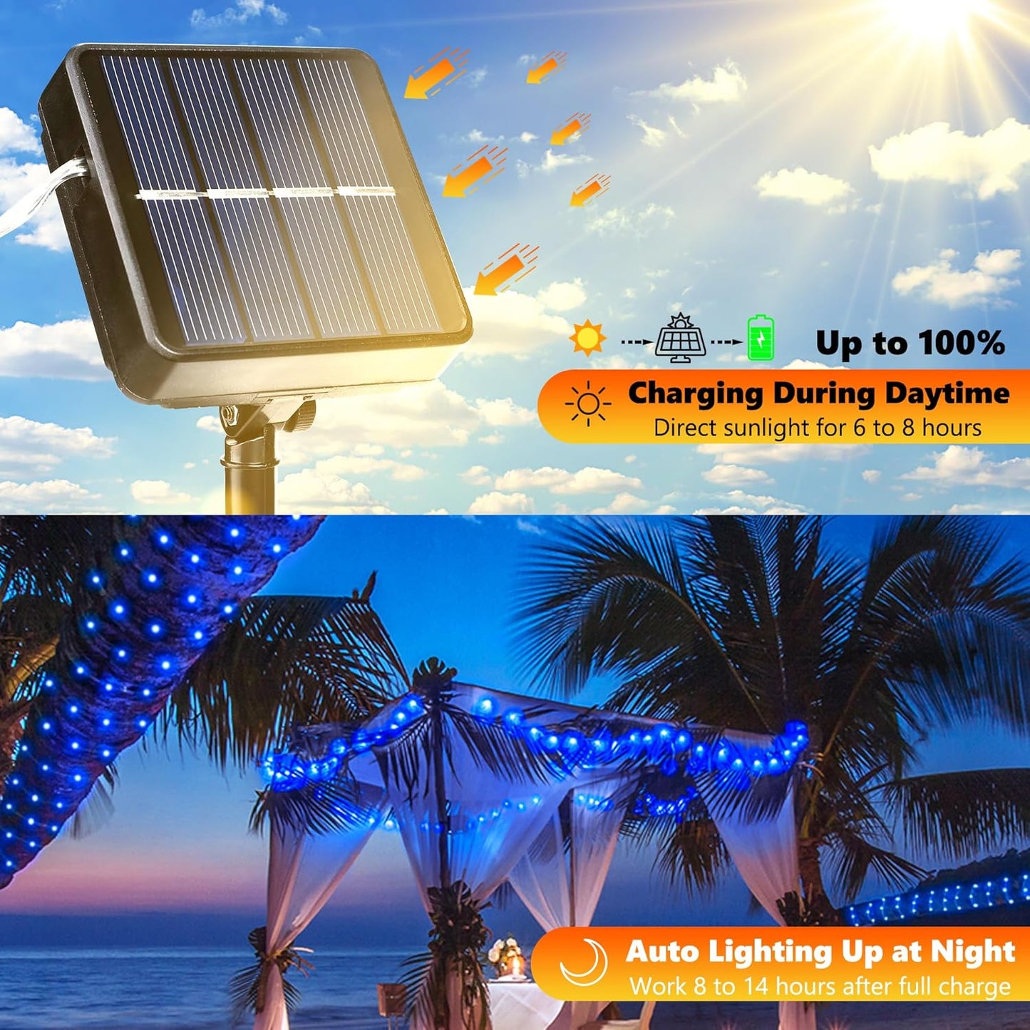 Joomer Solar Fairy Lights, 2-Pack Total 80FT 240LED Solar String Lights Outdoor Waterproof 8 Lighting Modes for Fence Party Garden Patio Yard Home Holiday Tree Outdoor Decoration (Blue)