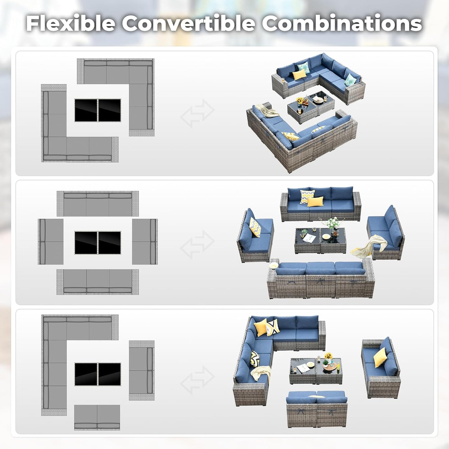 ovios 12 Pieces Patio Furniture Set, Outdoor Wicker Sectional Sofa with Glass Table Comfy Cushions, Modern Modular Deep Seat Couch Rattan Conversation Set, Denim Blue