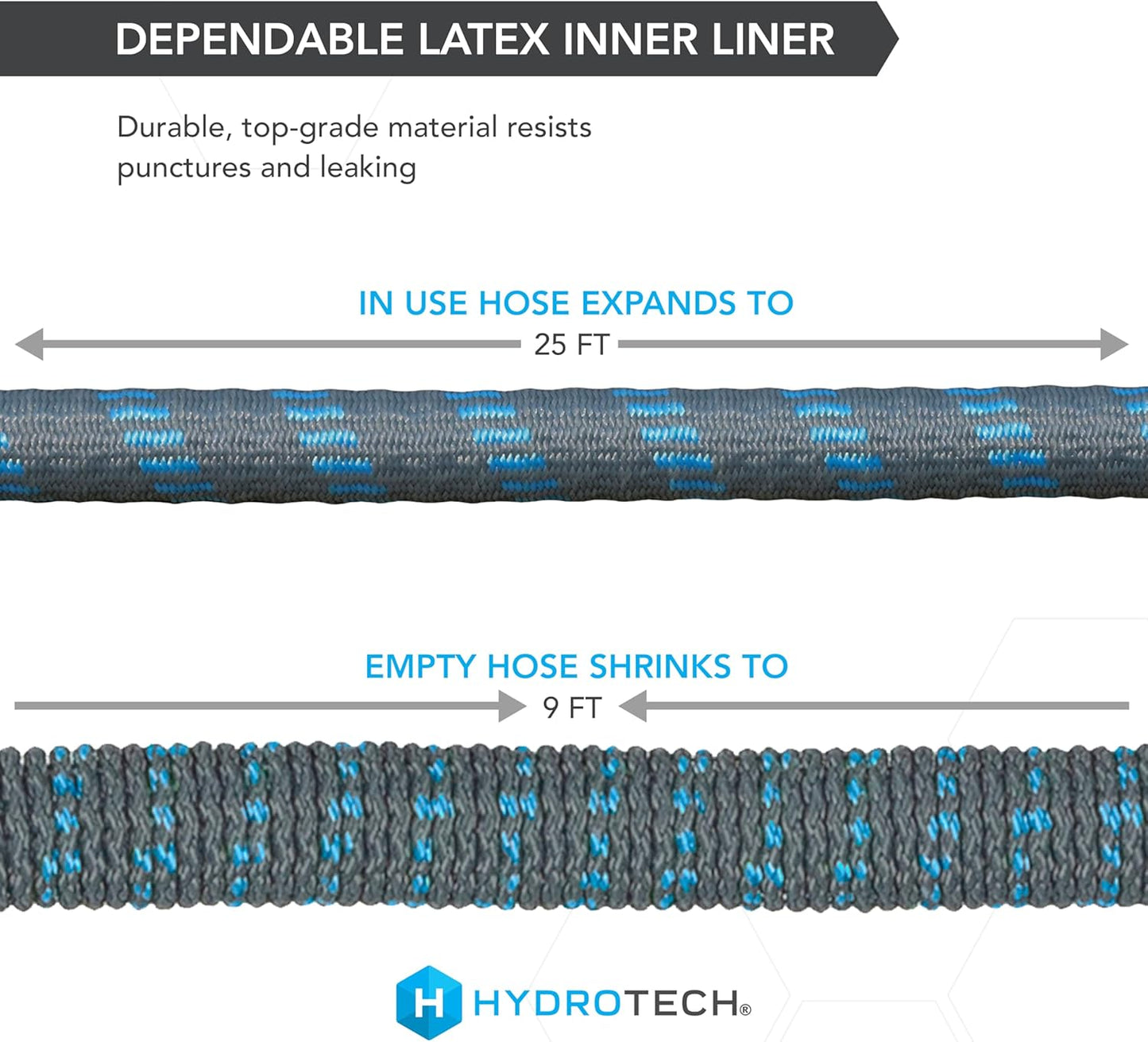 HydroTech 5/8" 25 ft Expandable Garden Hose - Flexible, Lightweight, Durable and Burst-Proof Hose with Reinforced Latex Core and Solid Brass Fittings - Great for Lawn Care, Garden, and Car Washing