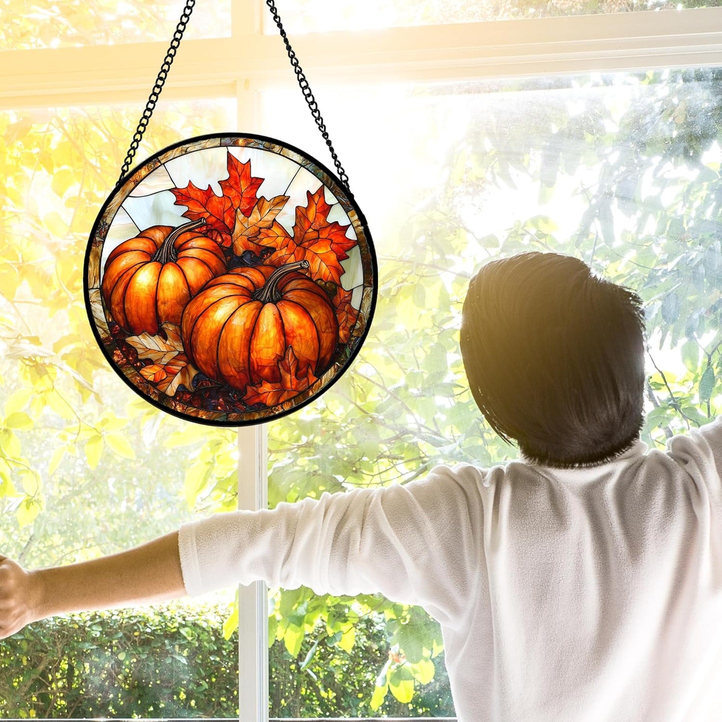 Stained Glass Window Hanging, Pumpkin Maple Leaf Suncatcher for Doors Home Sun Catchers Decoration and Christmas, Mother's Day Birthday Gifts for Women, Men, and Mom 7.8 in