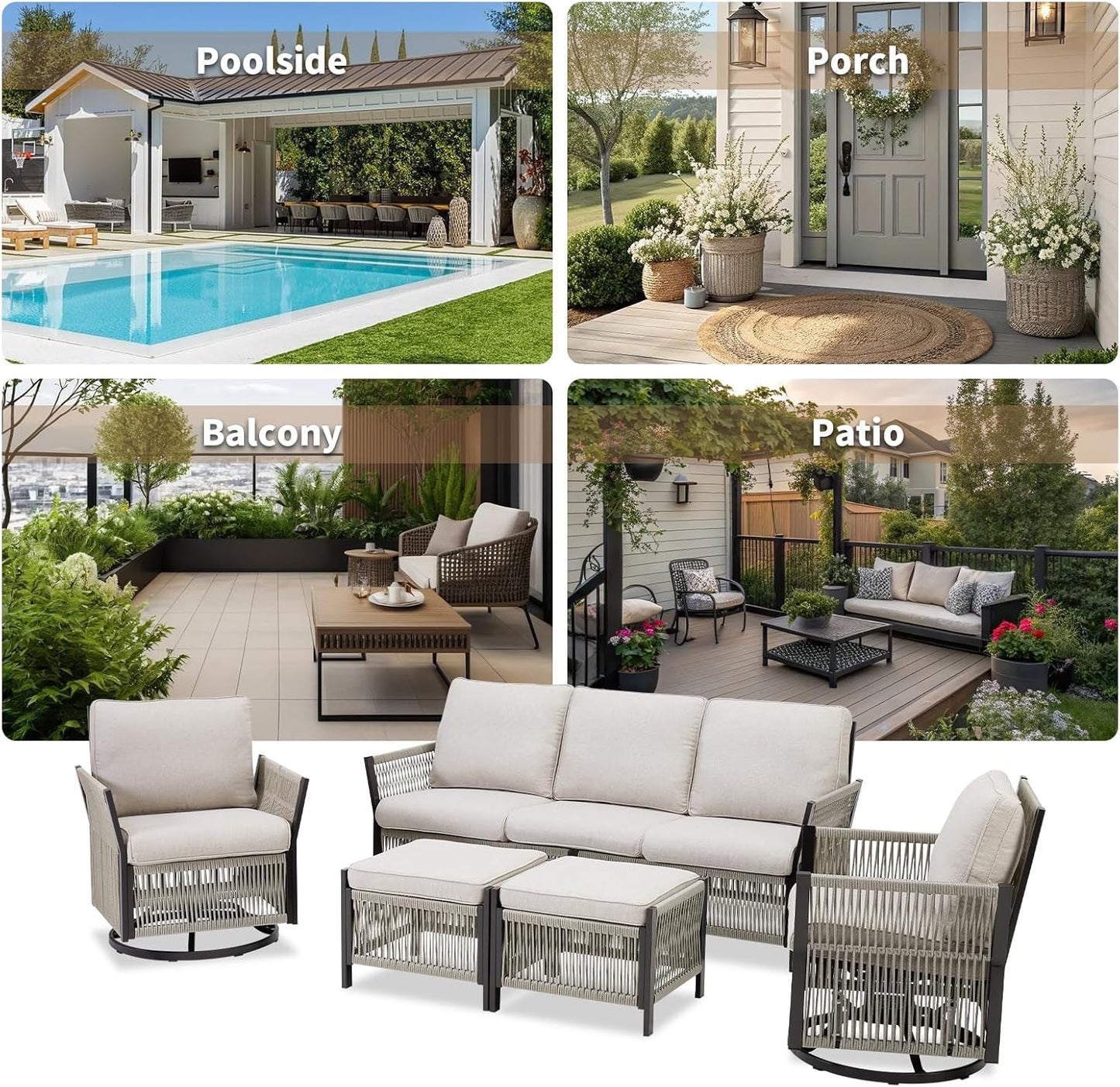 Patio Furniture Wicker Outdoor Conversation Set, 5-Piece All Weather Patio Furniture Rattan Rocking Sets w/Removable Cushions & Ottomans for Backyard, Balcony, Deck, Beige