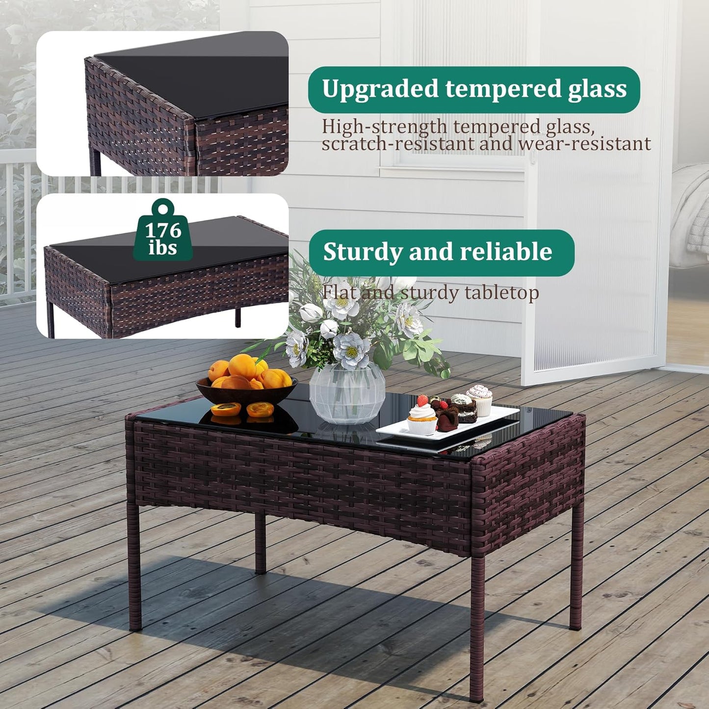 4 Piece Patio Furniture Set - Outdoor Conversation Sets with Coffee Table, Rattan Chair Set for Garden/Poolside, Brown/Red