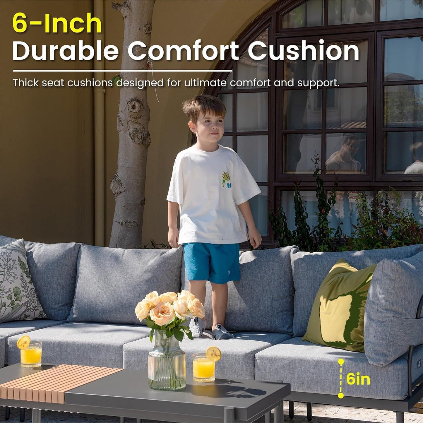 Sundale Outdoor 4 Pieces Metal Patio Furniture Set, Outdoor Sectional Sofa w/6 Inch Olefin Cushion, Modern Outdoor Conversation Sets