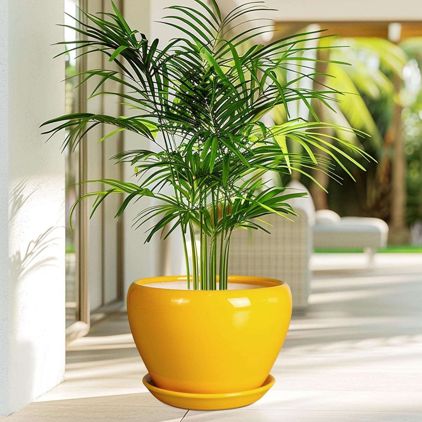 Ceramic Planter - 10 Inch Plant Pot for Indoor Outdoor Plants Glaze Modern Round Planter with Drainage Hole and Saucer for Garden Office Home Room Patio Decor, Yellow