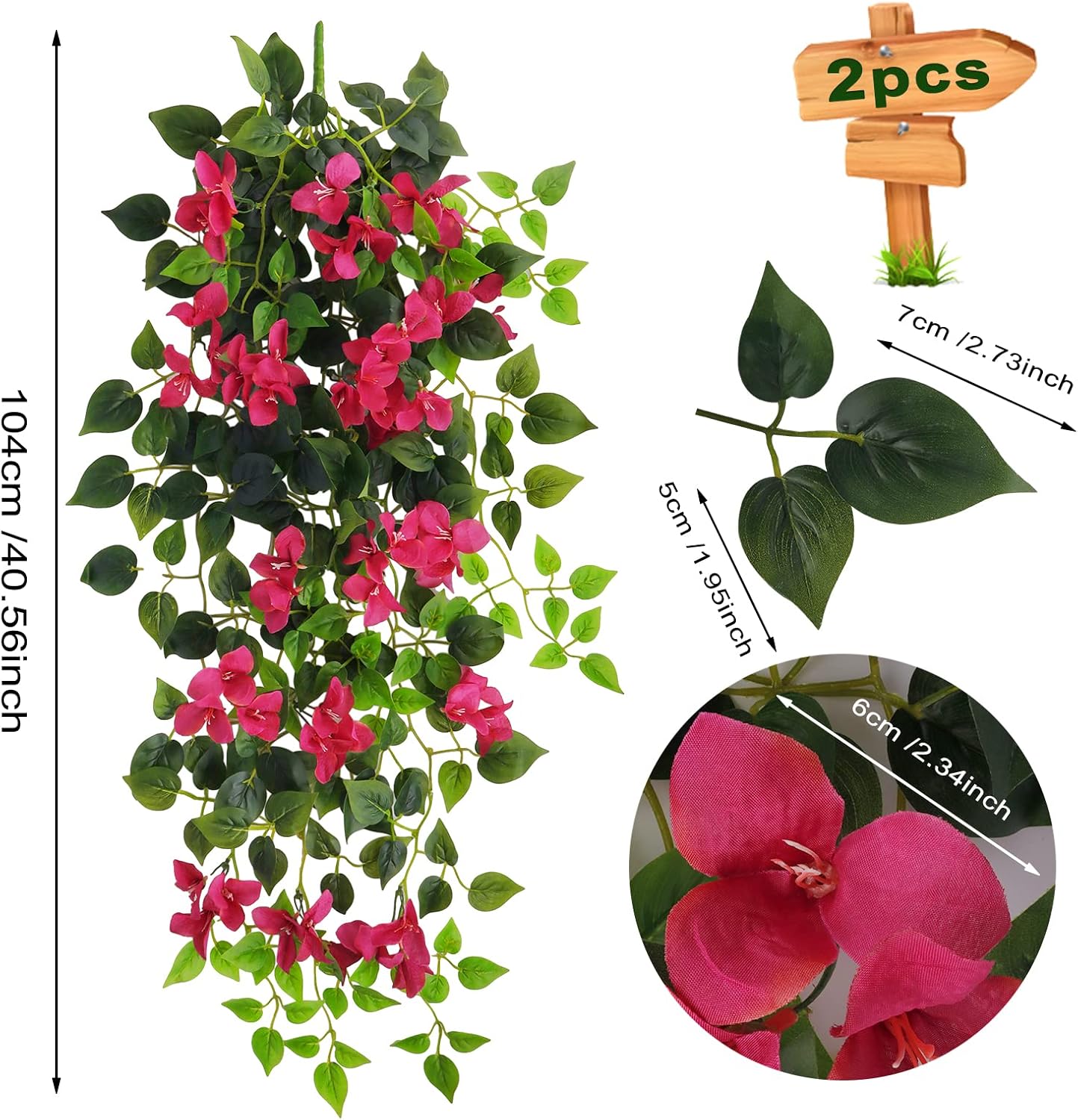 Fake Hanging Flowers Plants Bougainvillea Artificial,UV Resistant Faux Silk Flower Fabric Vine for Indoor Outdoor Garden Porch Eave Fence Wedding Wall Spring Summer Decor