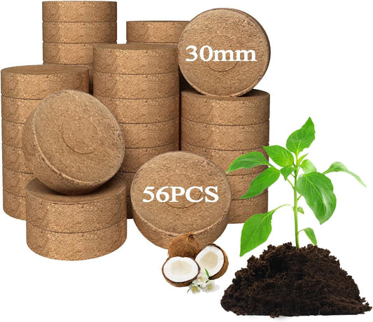 56 Pcs 30mm Compressed Coconut Coir Potting Soil,Coco Coir Pellets for Plants,Coco Fiber Pellets for Planting, Garden, Bonsai, Vegetables & Flower