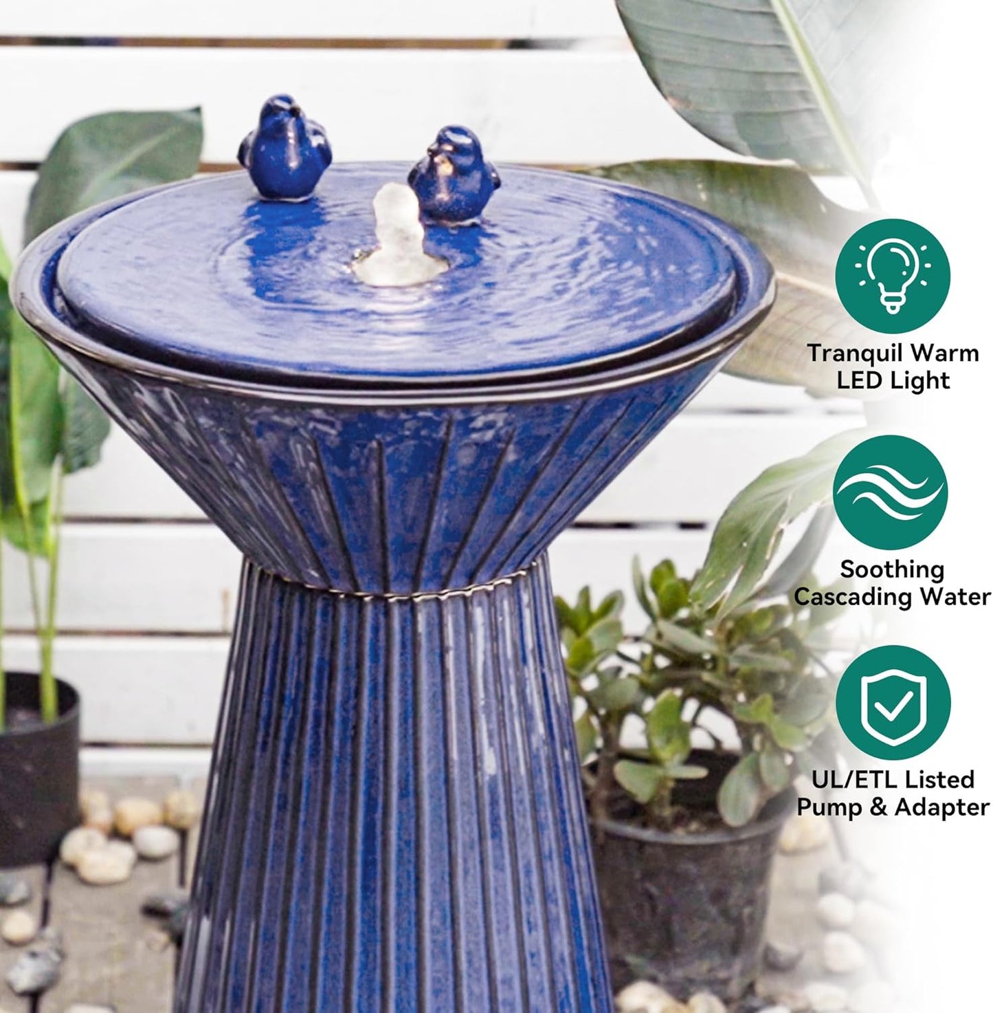Autodaya 28" H Ceramic Birdbath Outdoor Fountain with LED Lights, Bird Accents & Fluted Texture, Bubbling Water Feature for Garden, Patio, Yard or Porch – Creates a Tranquil Oasis for Relaxation.