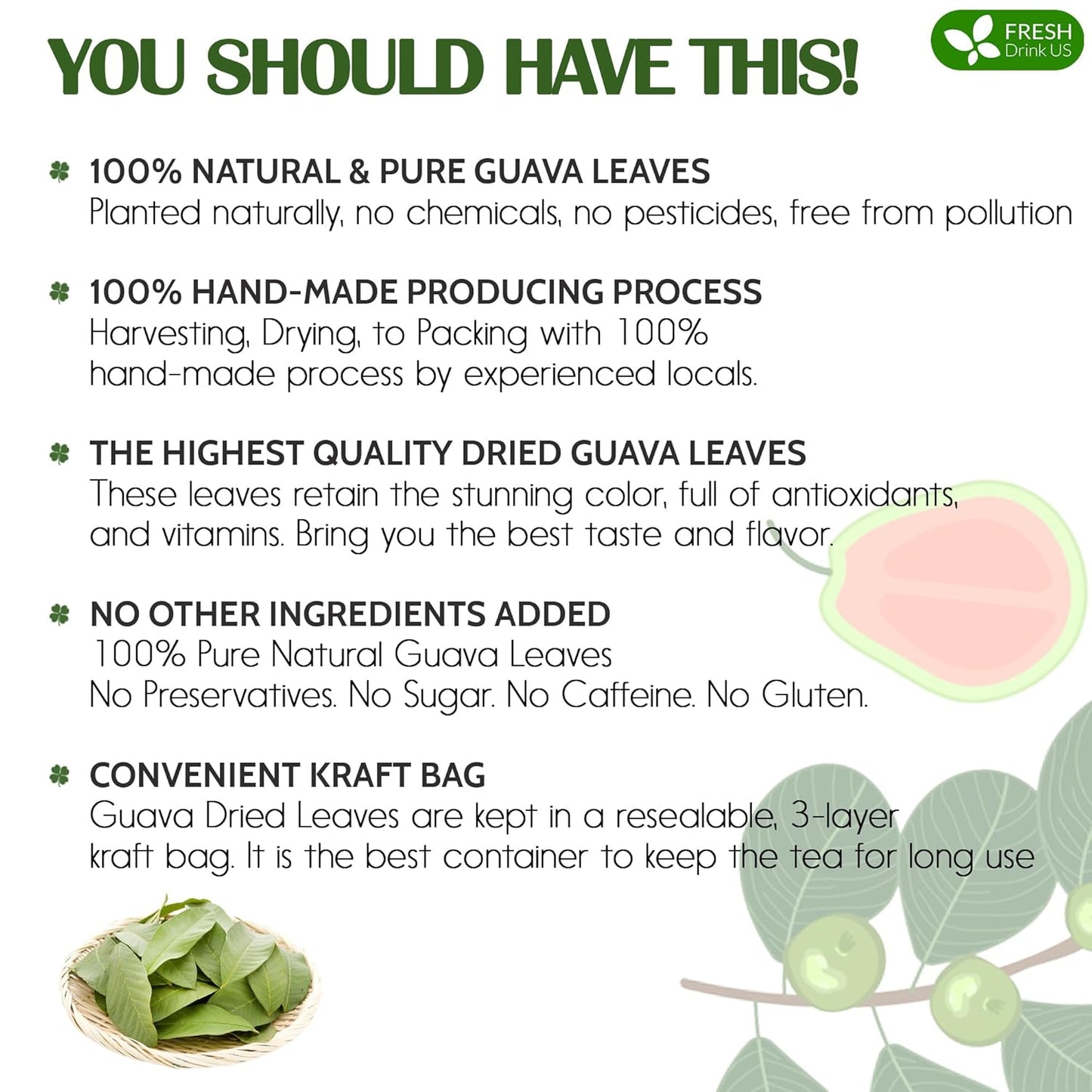 FreshDrinkUS, Premium 50+ Natural Guava Leaves, Whole Dried Leaves, 100% Pure, Natural Guava Loose Leaf Herbal Tea, Non GMO, No Additives, No Caffeine, Vegan