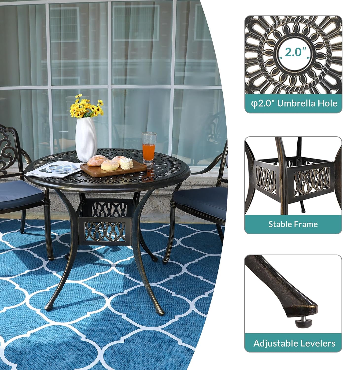 MEETWARM 3 Piece Patio Bistro Set, Outdoor All-Weather Cast Aluminum Dining Furniture Set Includes 2 Cushioned Chairs and a 35.4” Round Table with Umbrella Hole for Garden Deck, Navy Blue