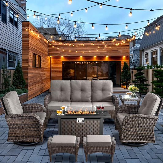 HUMMUH 7-Piece Patio Furniture Set with Fire Pit,Wicker Patio Sofa Set Outdoor Swivel Rocking Chairs with Ottomans for Backyard,Poolside,Deck