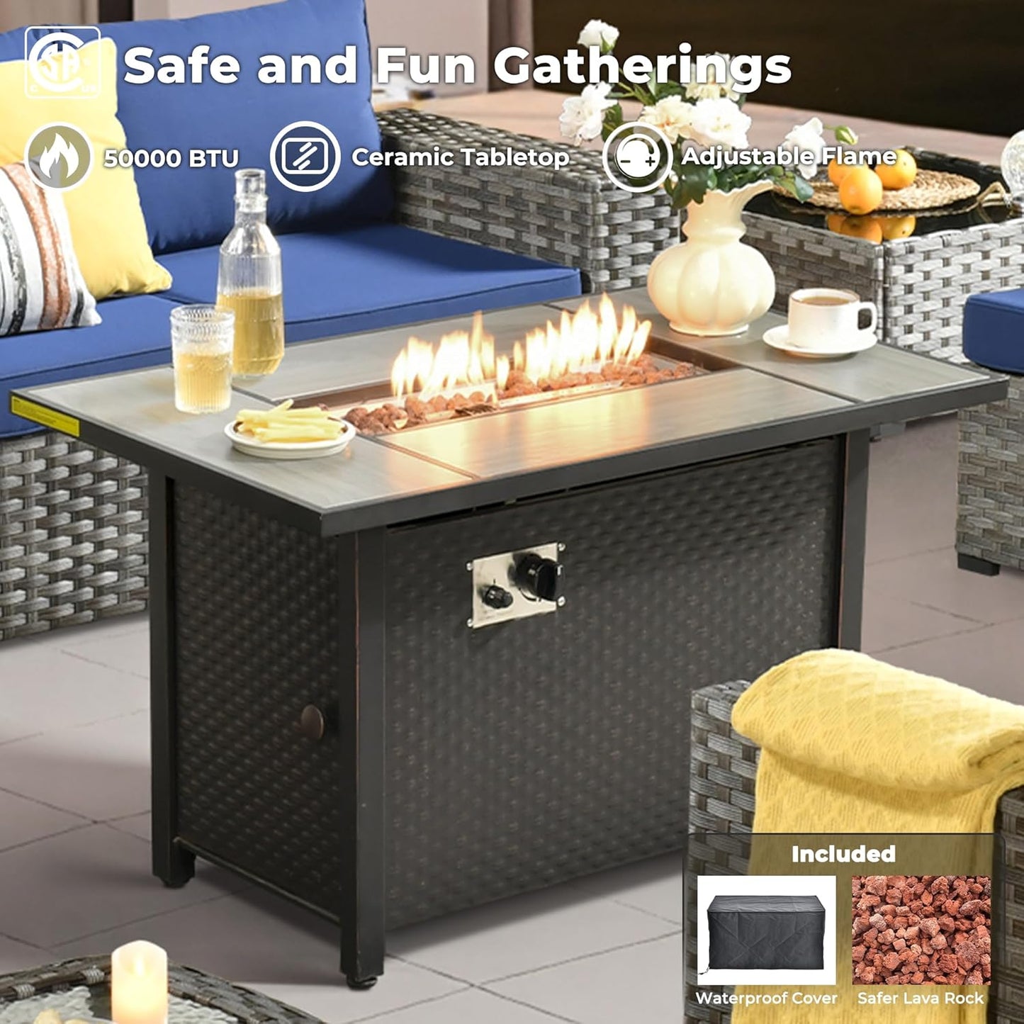 ovios 7 Pieces Patio Furniture Set, Outdoor Wicker Sectional Sofa with 42 Inch Fire Pit Table Comfy Cushions, Modern Modular Deep Seat Rattan Couch Conversation Set, Navy Blue