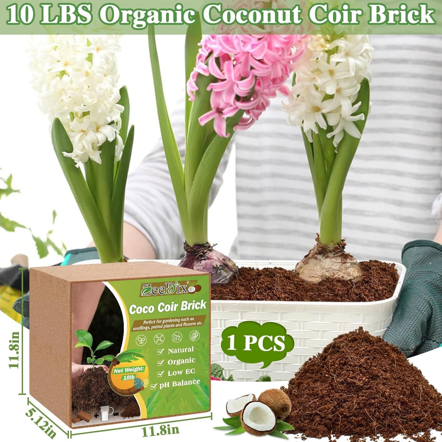 ZeeDix 10LB Premium Coconut Coir-Compressed Coco Coir Potting Soil Substrate-100% Organic Coco Coir Brick,High Expansion Coconut Fiber Coir Pith with Low EC and pH Balance for Plants Gardening Herbs