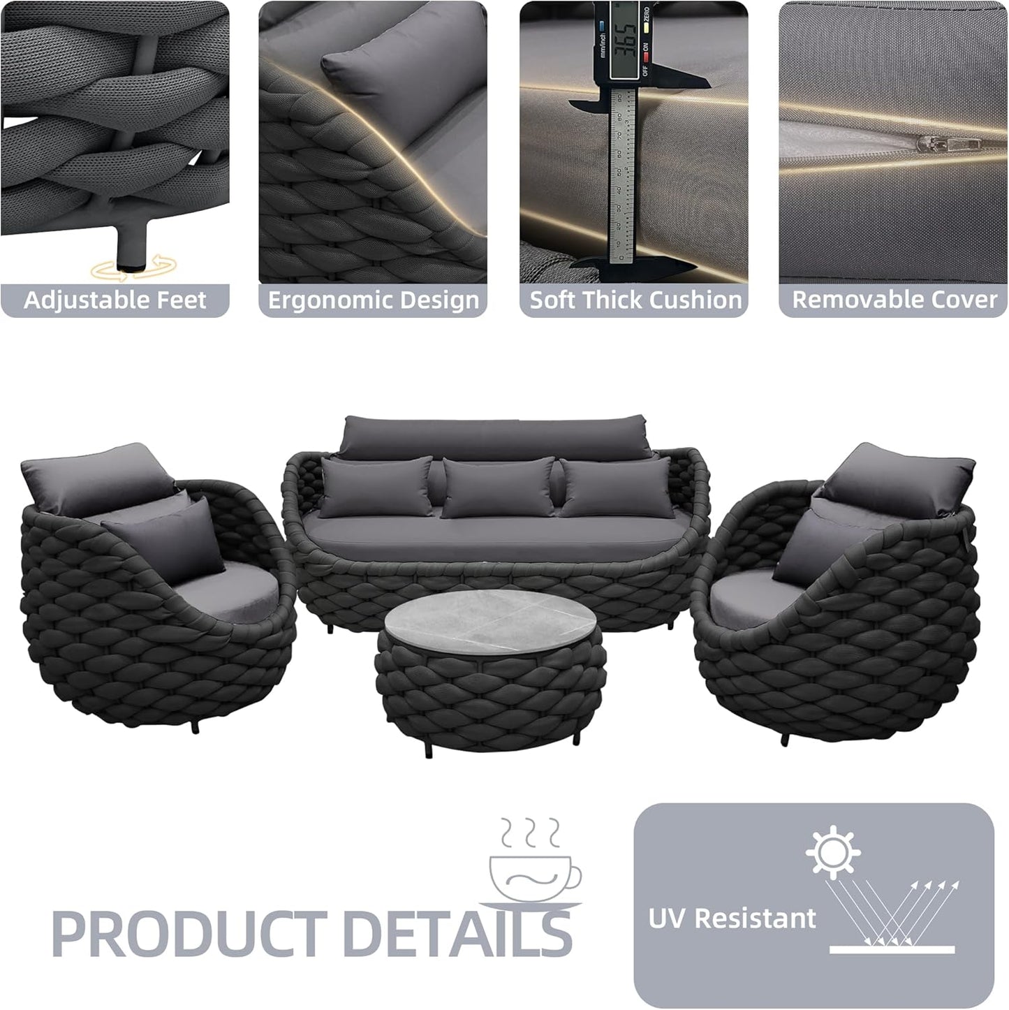 TWT 6-Piece Patio Furniture Set, Modern Outdoor Conversation Set Aluminum Sectional Sofa with Water Repellent Thick Cushions and Coffee Tables, Dark Grey