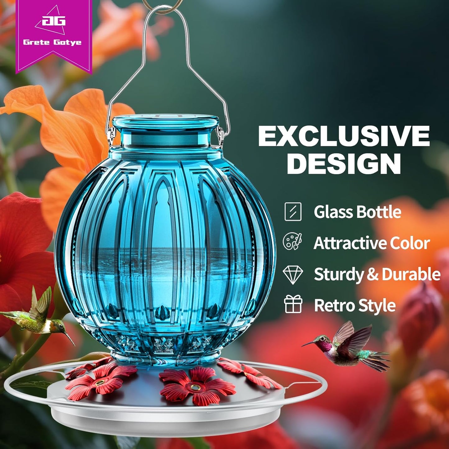 Glass Hummingbird Feeder for Outdoors Hanging, 26Oz Bird Nectar Feeder with Perch & 5 Flower Feeding Ports, Leak Proof for Outside Garden Decor Backyard, Gifts for Women Mom, Blue