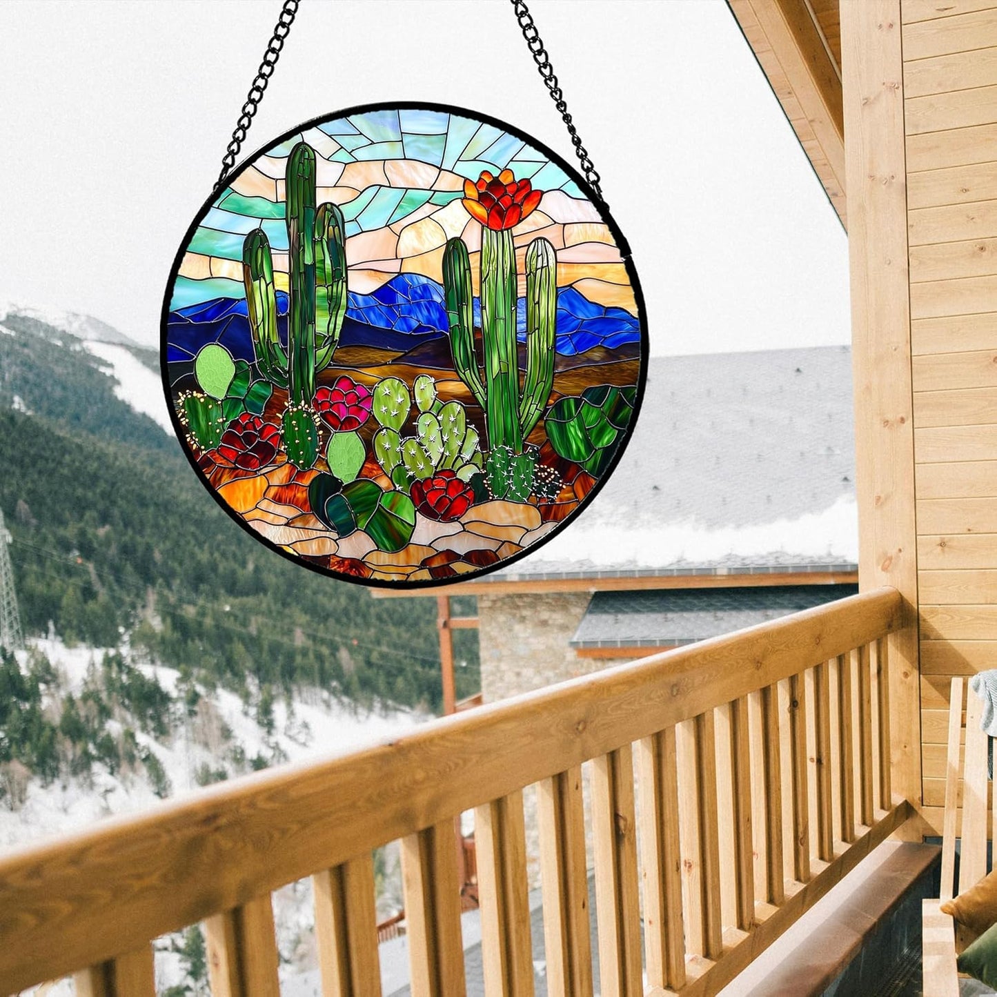 Stained Glass Window Hanging, Green Cactus Suncatcher for Doors Window Home Plant Landscape Sun Catchers Decoration Mother's Day Birthday Gifts for Women, Men, and Mom 11.8 in